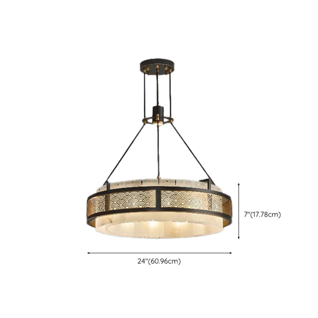 Lustre suspendu moderne en métal noir avec abat-jour en pierre et cercle