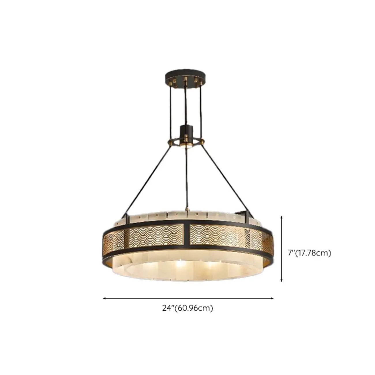 Lustre suspendu moderne en métal noir avec abat-jour en pierre et cercle