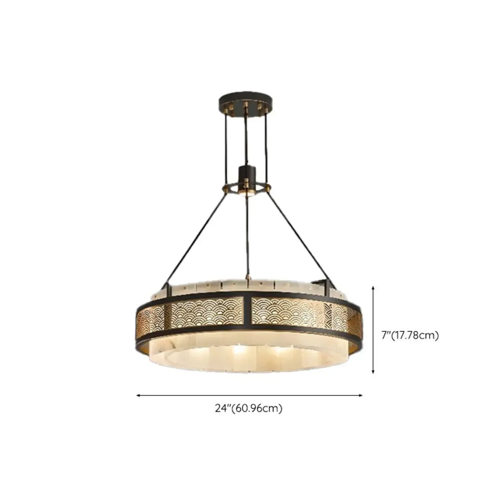 Lustre suspendu moderne en métal noir avec abat-jour en pierre et cercle