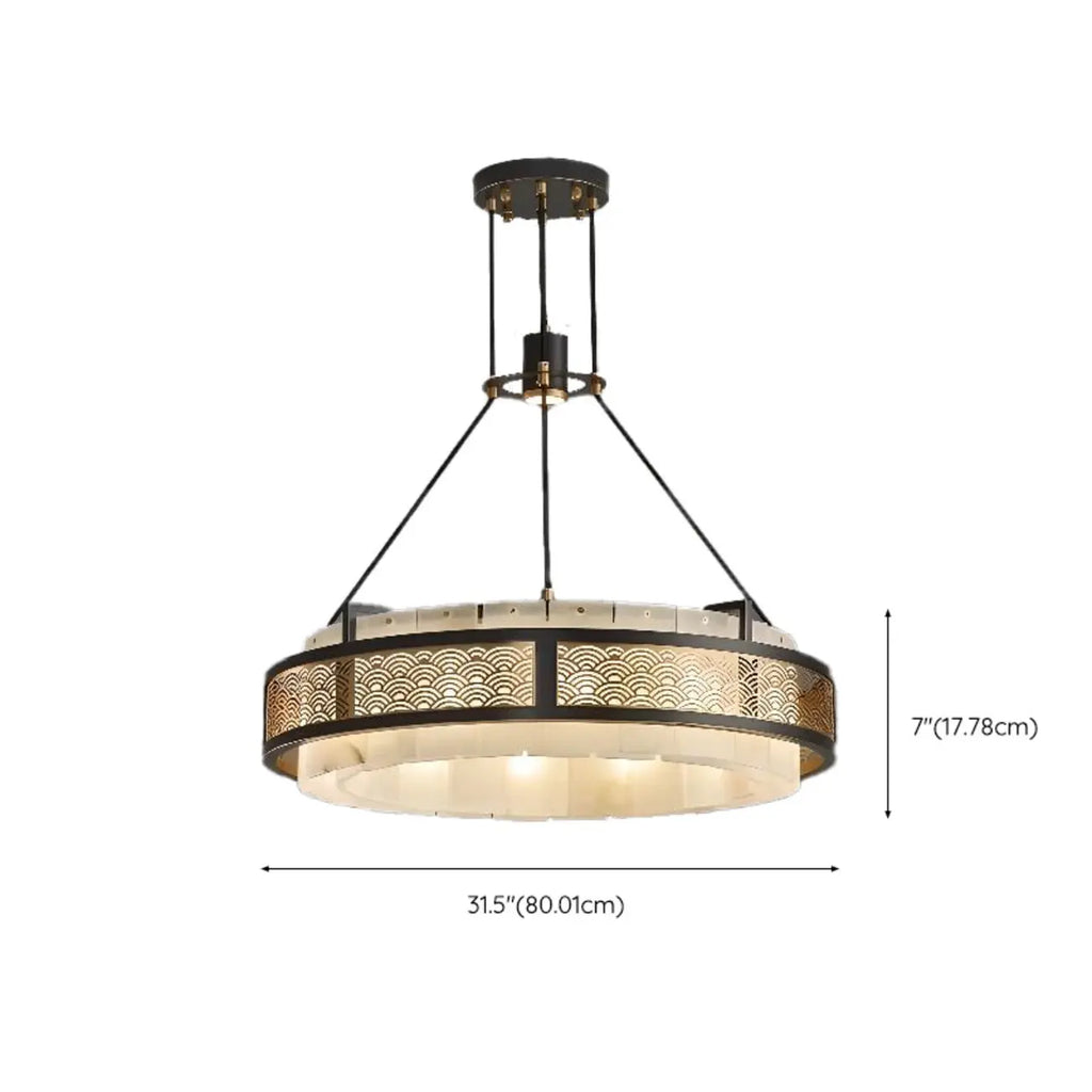 Lustre suspendu moderne en métal noir avec abat-jour en pierre et cercle