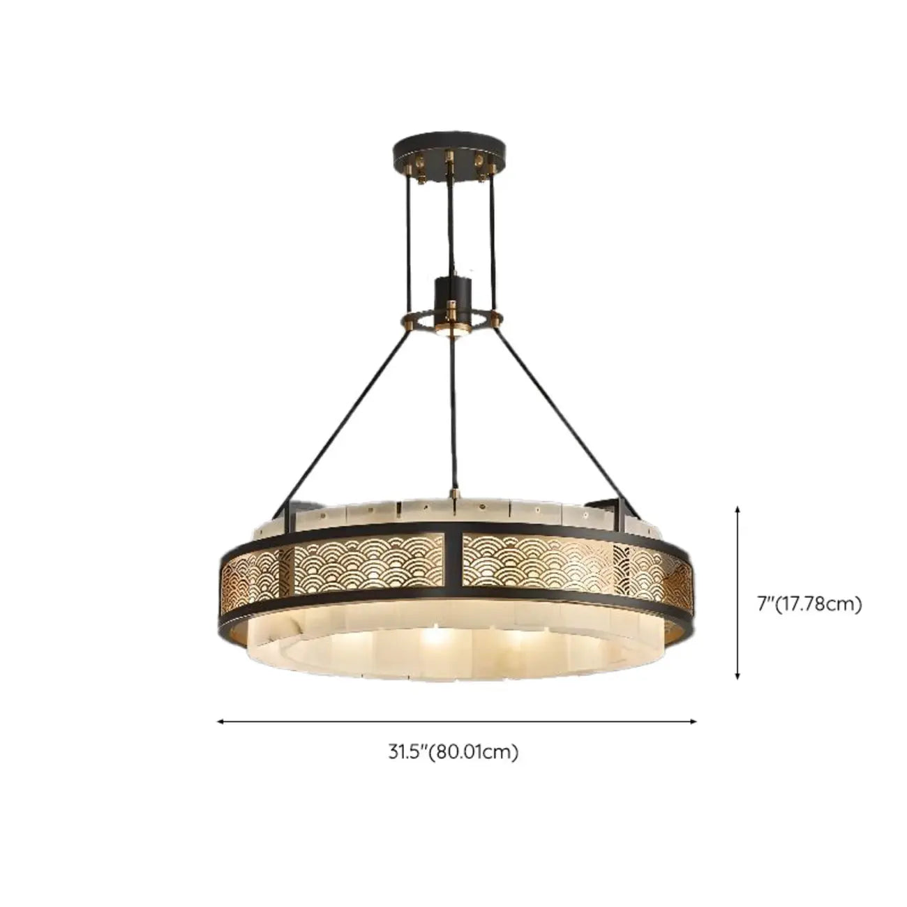Lustre suspendu moderne en métal noir avec abat-jour en pierre et cercle