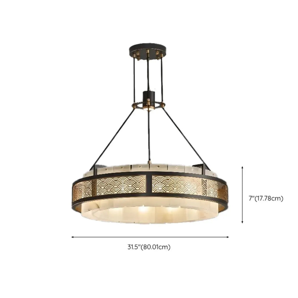 Lustre suspendu moderne en métal noir avec abat-jour en pierre et cercle