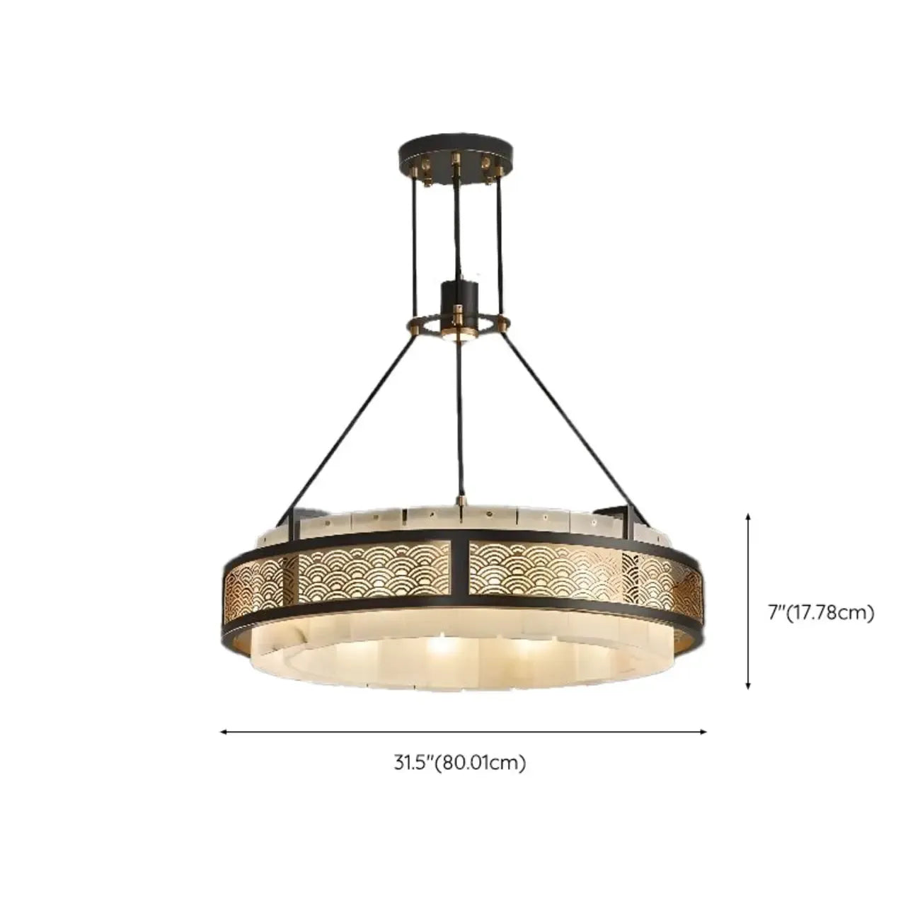 Lustre suspendu moderne en métal noir avec abat-jour en pierre et cercle