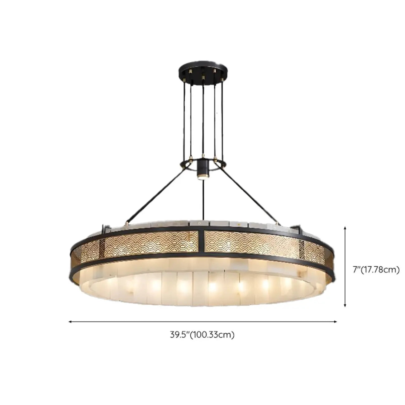 Lustre suspendu moderne en métal noir avec abat-jour en pierre et cercle