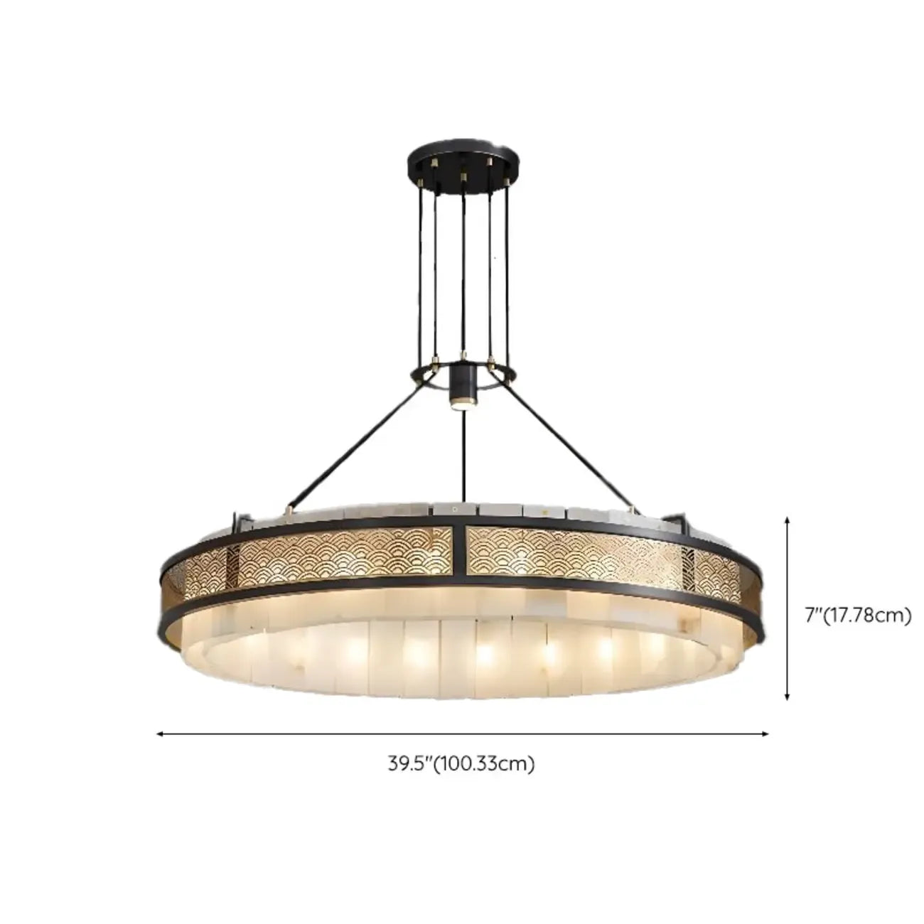 Lustre suspendu moderne en métal noir avec abat-jour en pierre et cercle
