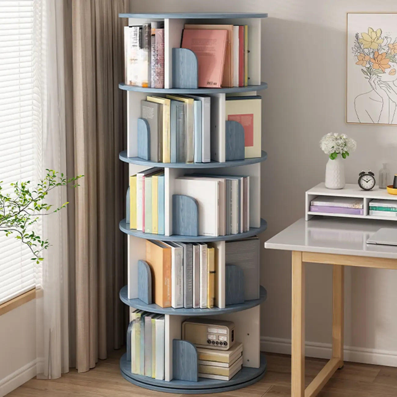 Bibliothèque cylindrique en bois marron à dos ouvert et pivotante