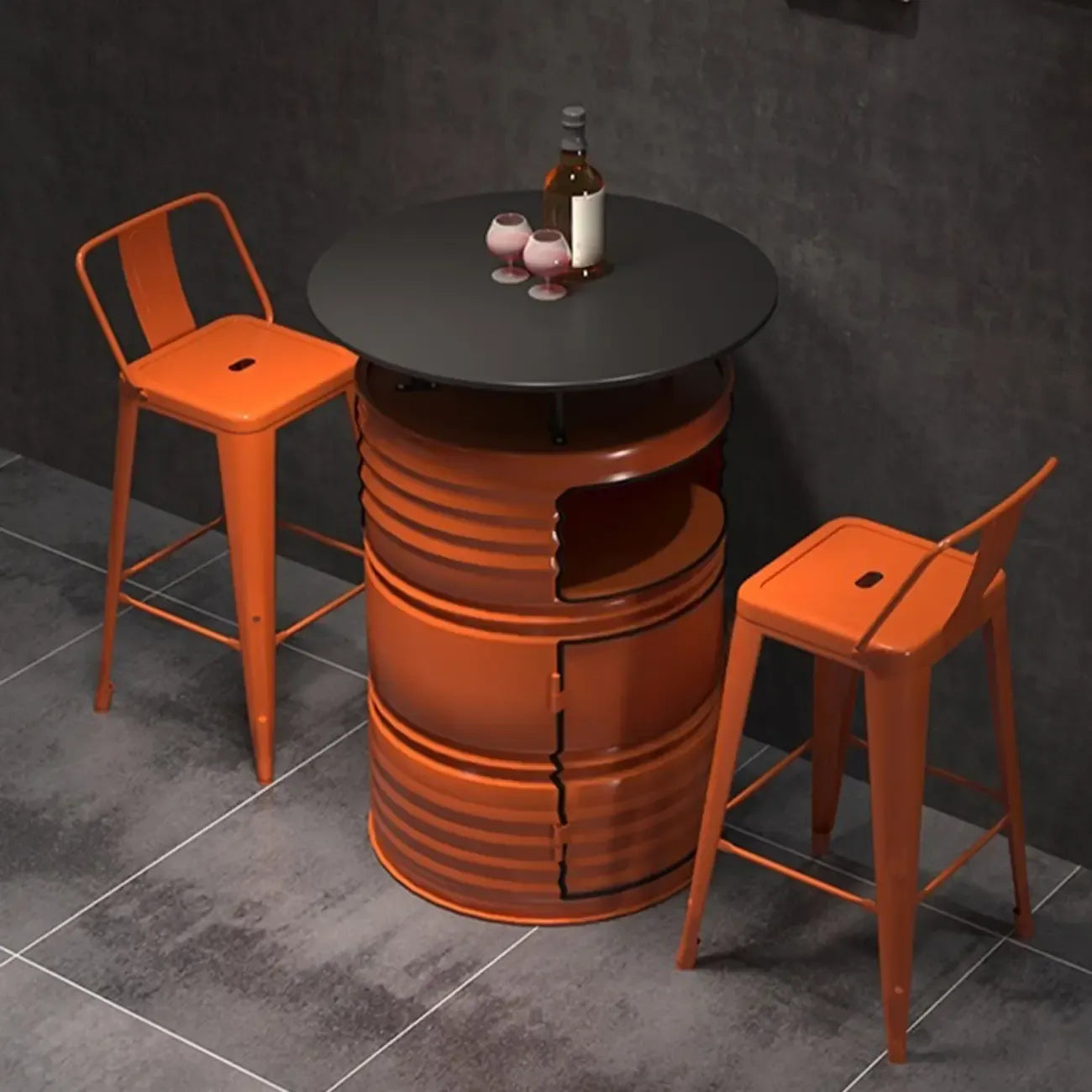 Tables de bar industrielles noires et oranges pour le rangement de fûts en métal