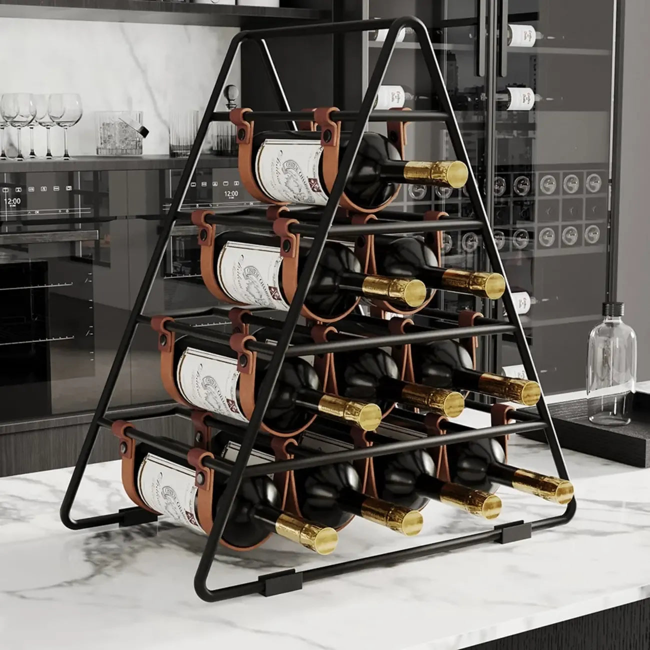 Porte-bouteilles triangulaire industriel en métal noir pour comptoir, 10 bouteilles