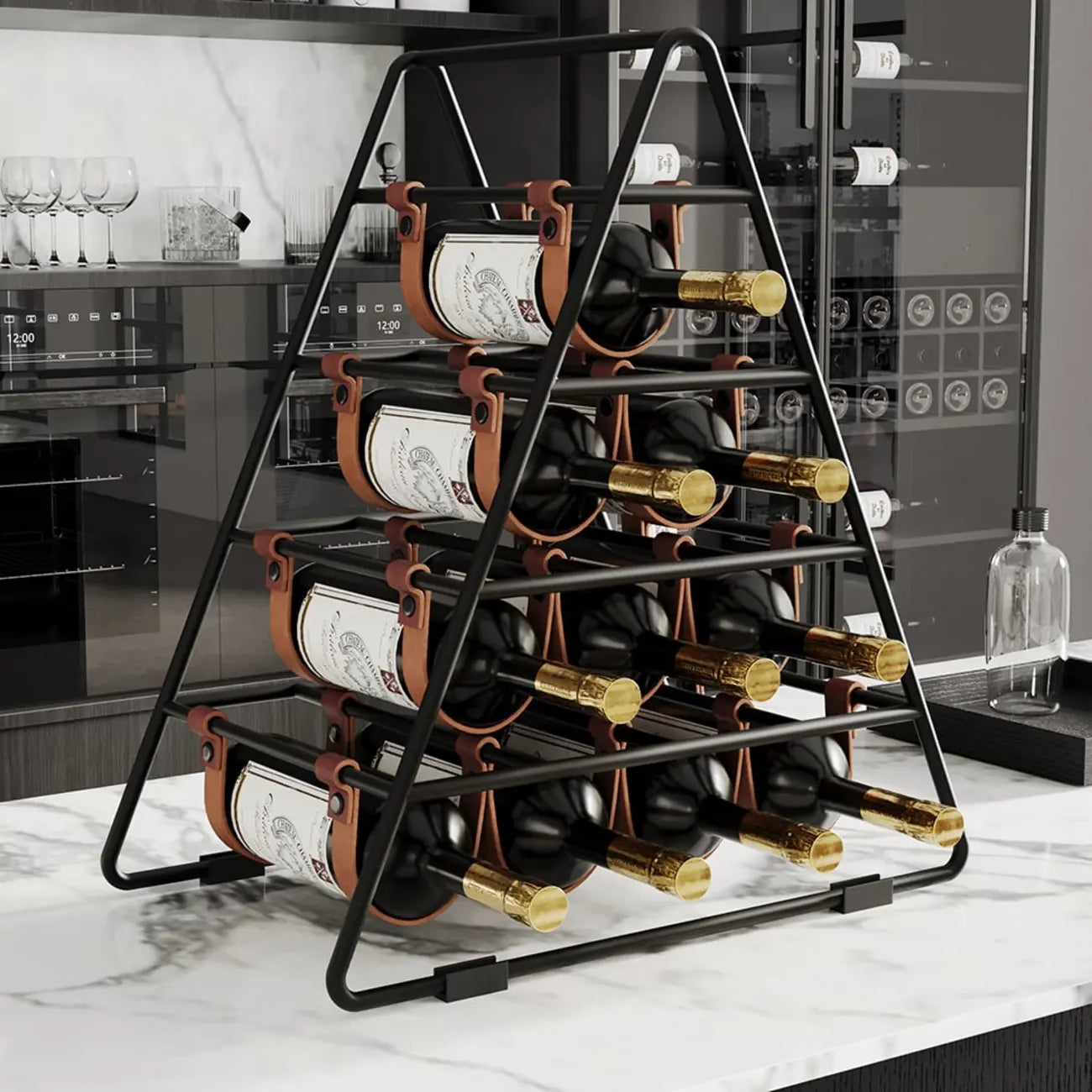 Porte-bouteilles triangulaire industriel en métal noir pour comptoir, 10 bouteilles