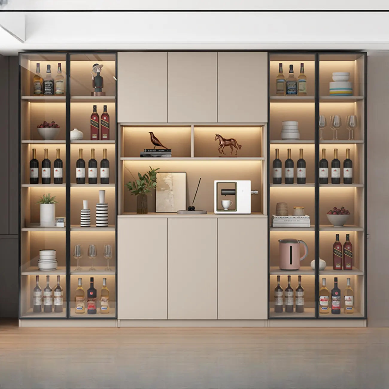 Cave à vin moderne autoportante en bois, haute et ouverte