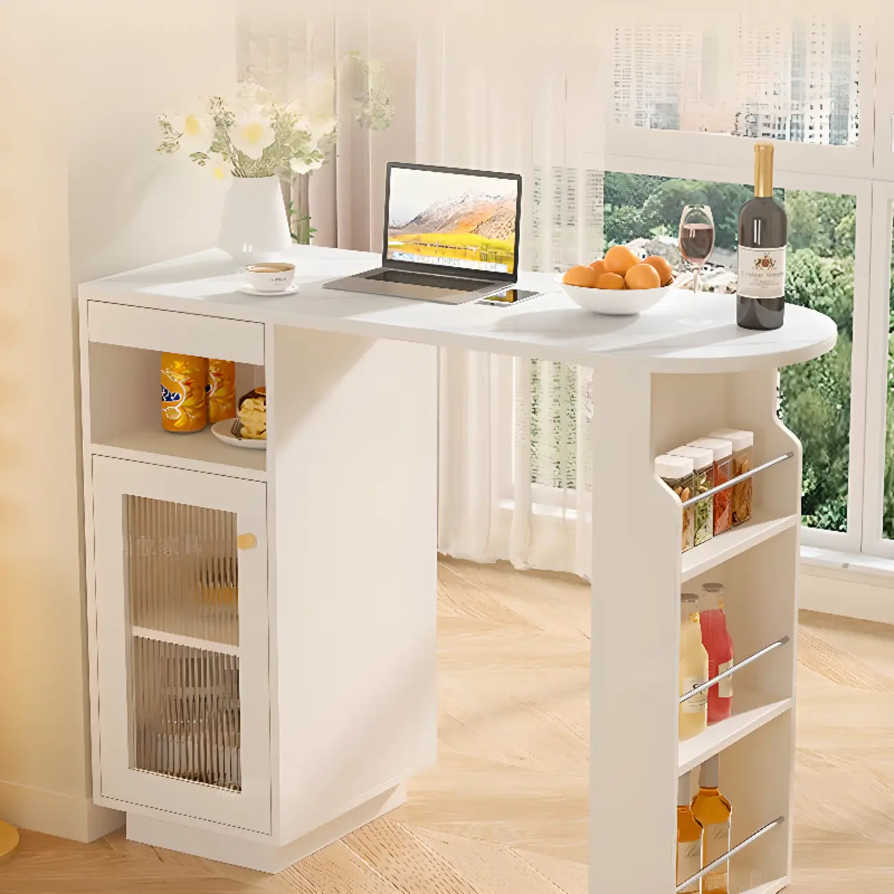 Tables de bar modernes en bois d'ardoise blanche de forme libre avec rangement