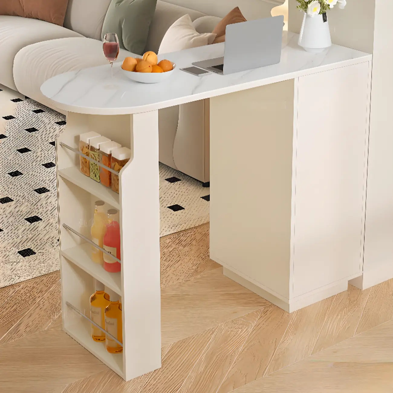 Tables de bar modernes en bois d'ardoise blanche de forme libre avec rangement