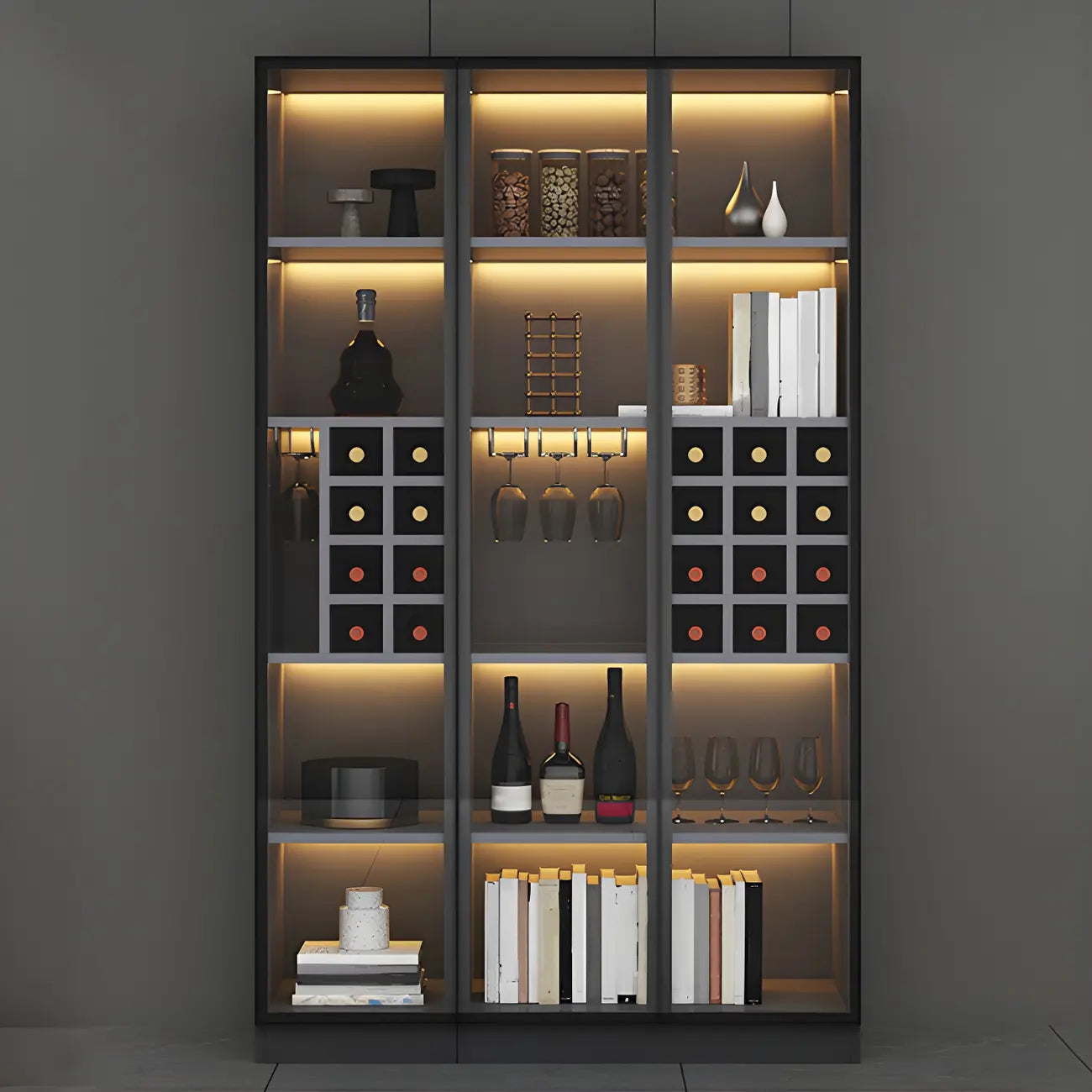 Éclairage moderne et indépendant d'une cave à vin en bois noir