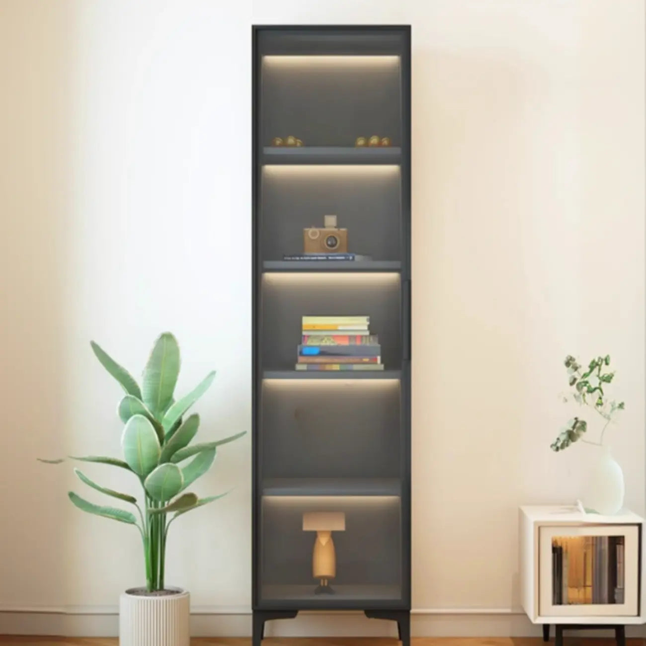 Vitrine lumineuse moderne en bois noir et verre transparent