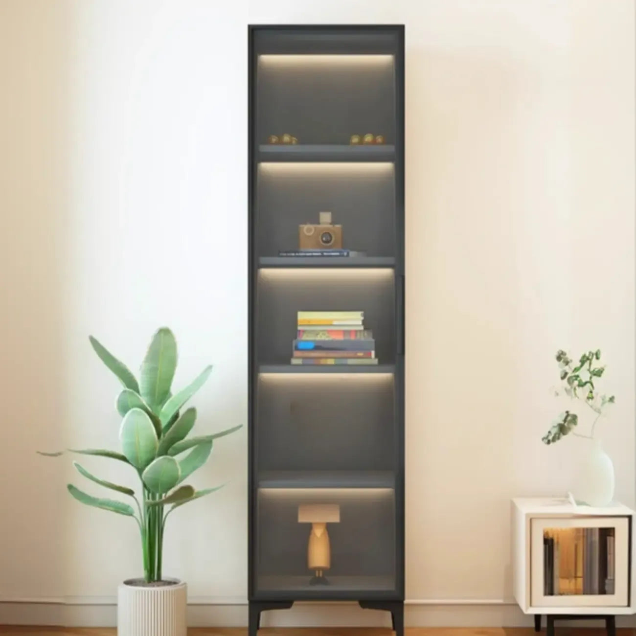 Vitrine lumineuse moderne en bois noir et verre transparent