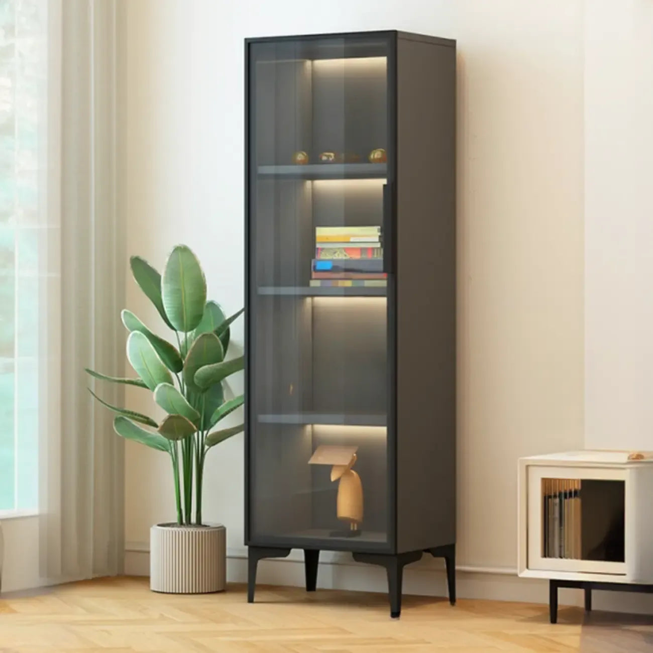 Vitrine lumineuse moderne en bois noir et verre transparent