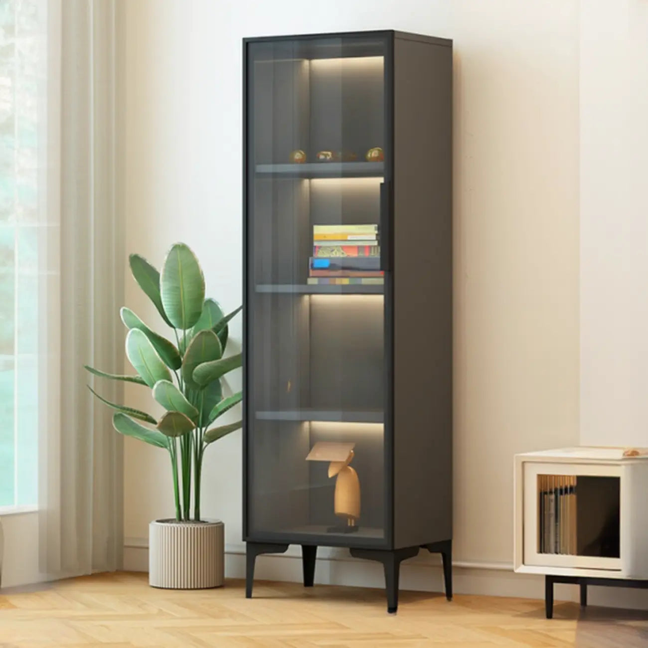 Vitrine lumineuse moderne en bois noir et verre transparent