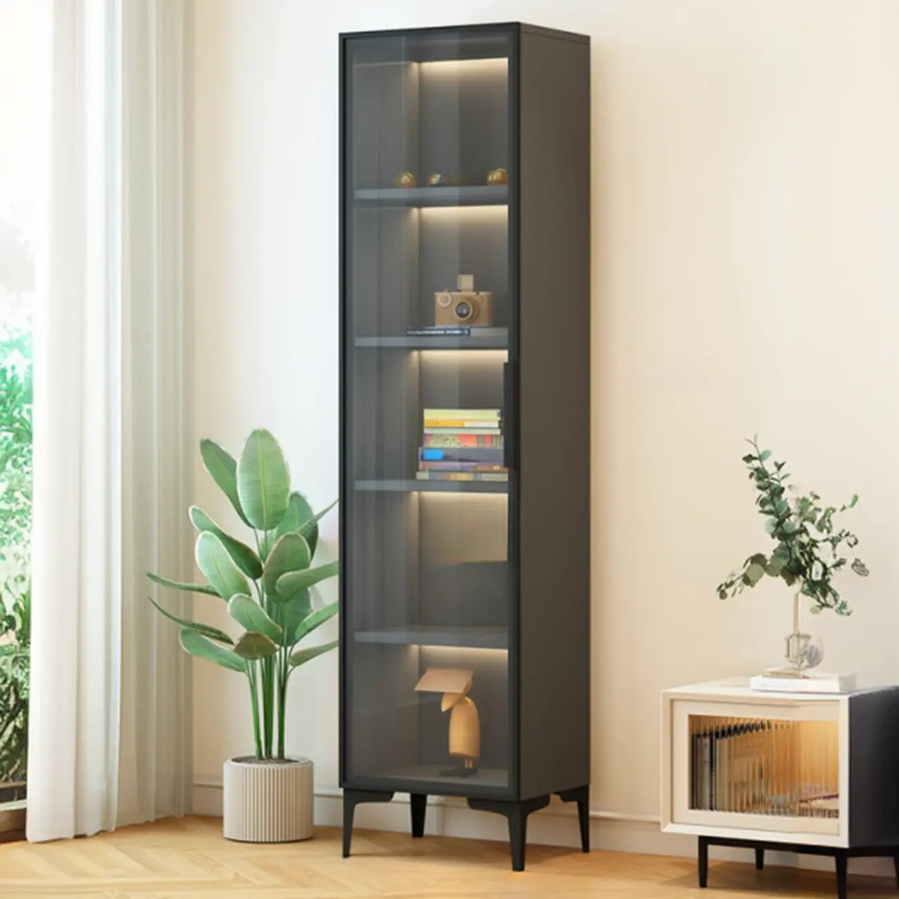 Vitrine lumineuse moderne en bois noir et verre transparent