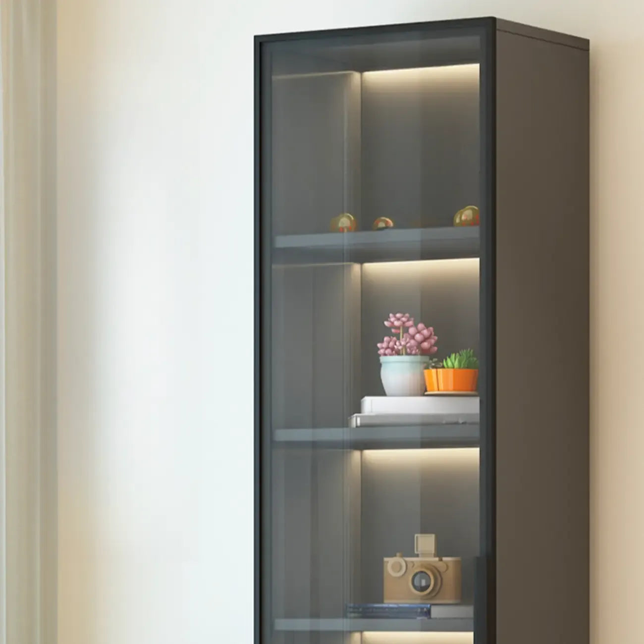 Vitrine lumineuse moderne en bois noir et verre transparent