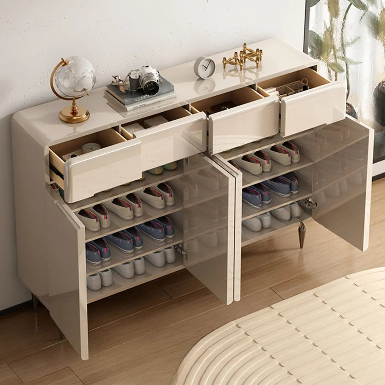 Meuble à chaussures en bois blanc crème avec tiroir pour entrée