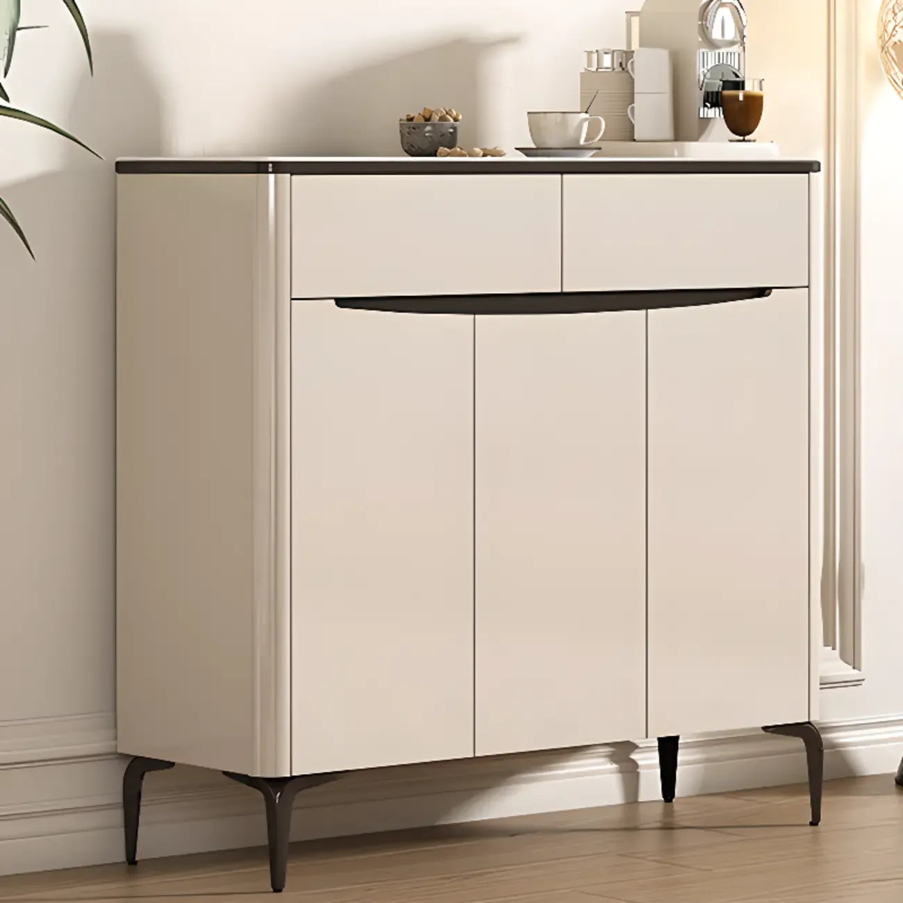 Meuble à chaussures d'entrée en bois kaki avec plateau en marbre