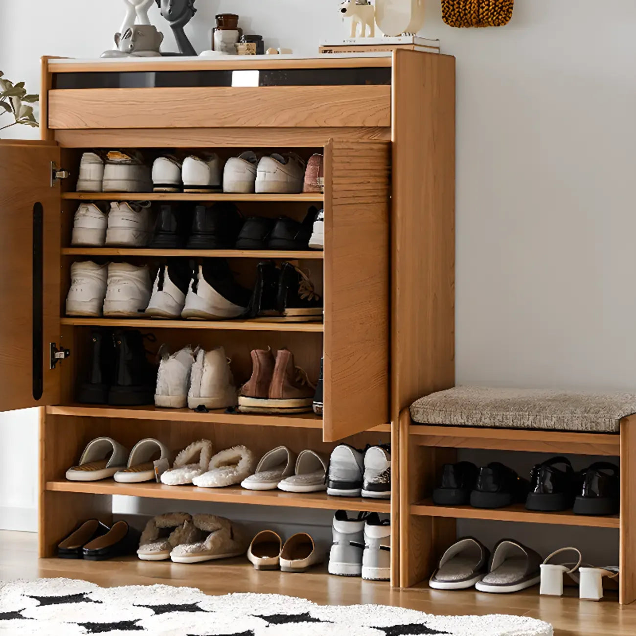 Meuble à chaussures d'entrée en bois massif de cerisier