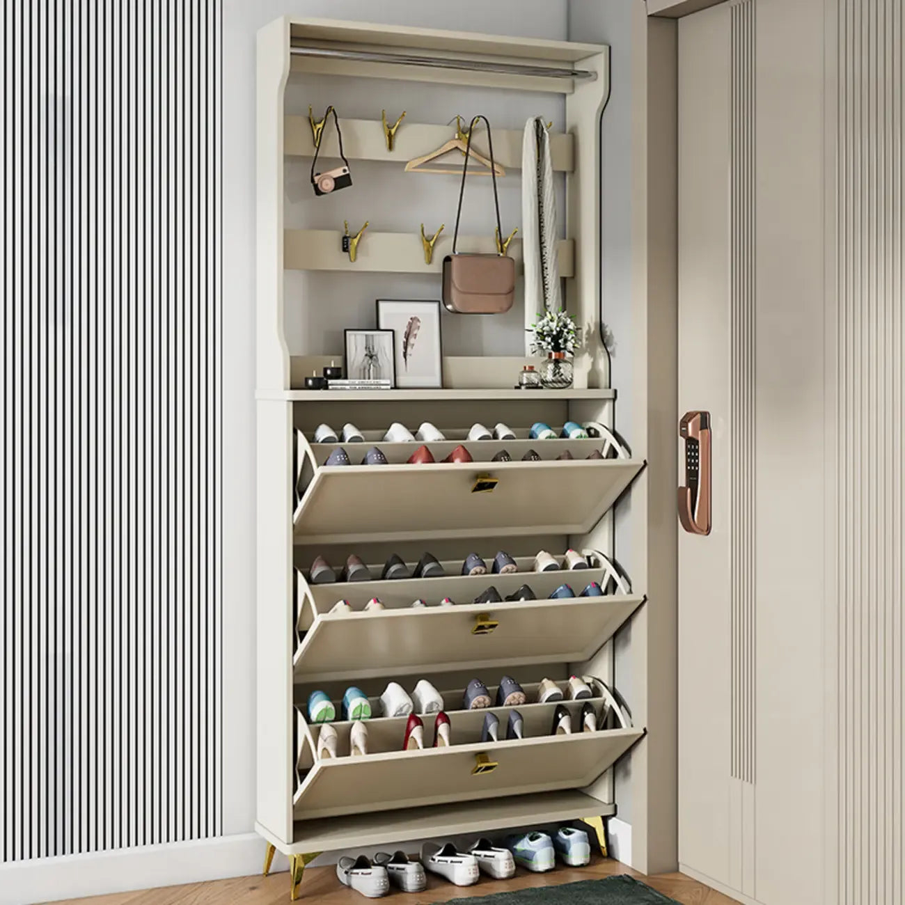 Meuble à chaussures étroit et moderne en bois blanc avec façade rabattable et réglable