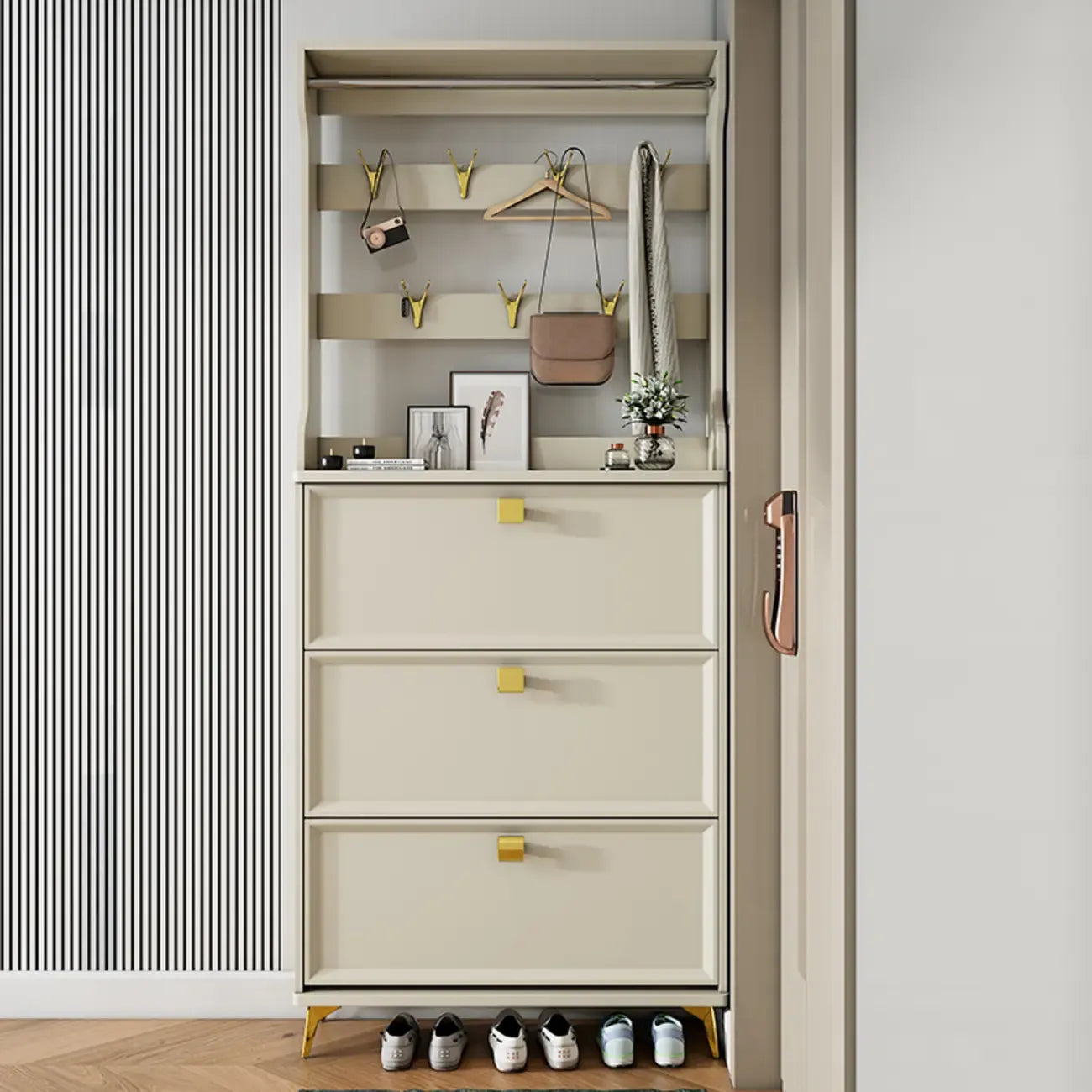 Meuble à chaussures étroit et moderne en bois blanc avec façade rabattable et réglable