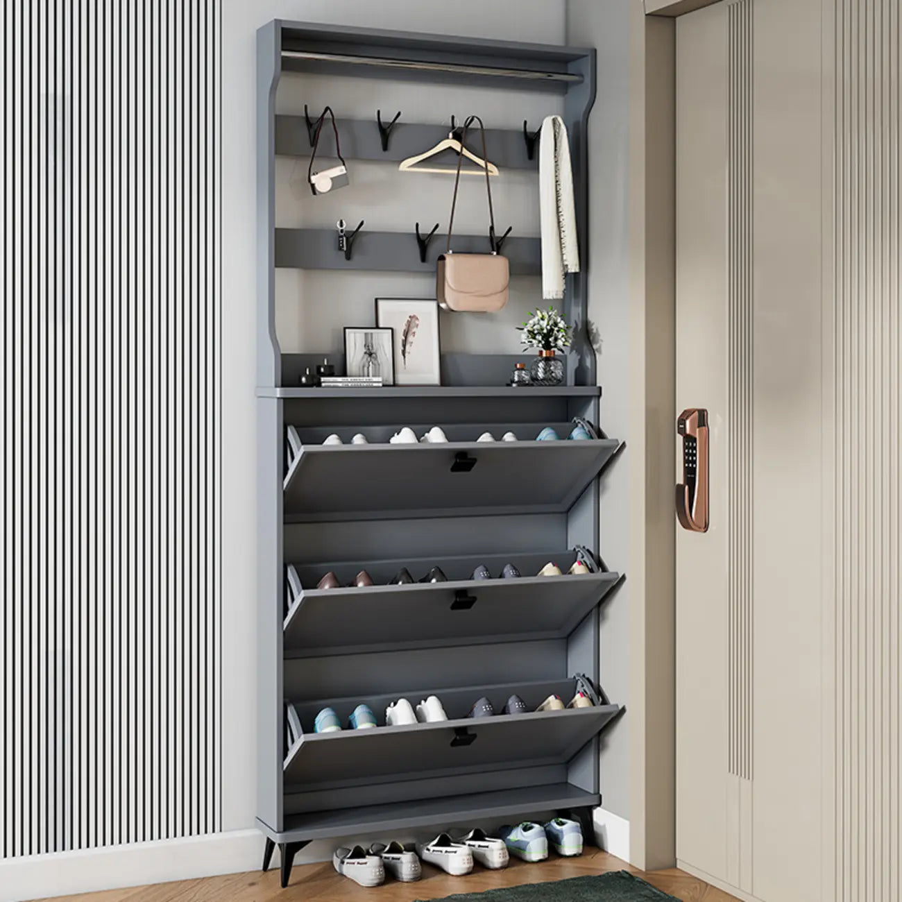 Meuble à chaussures étroit et moderne en bois blanc avec façade rabattable et réglable