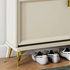 Meuble à chaussures étroit et moderne en bois blanc avec façade rabattable et réglable