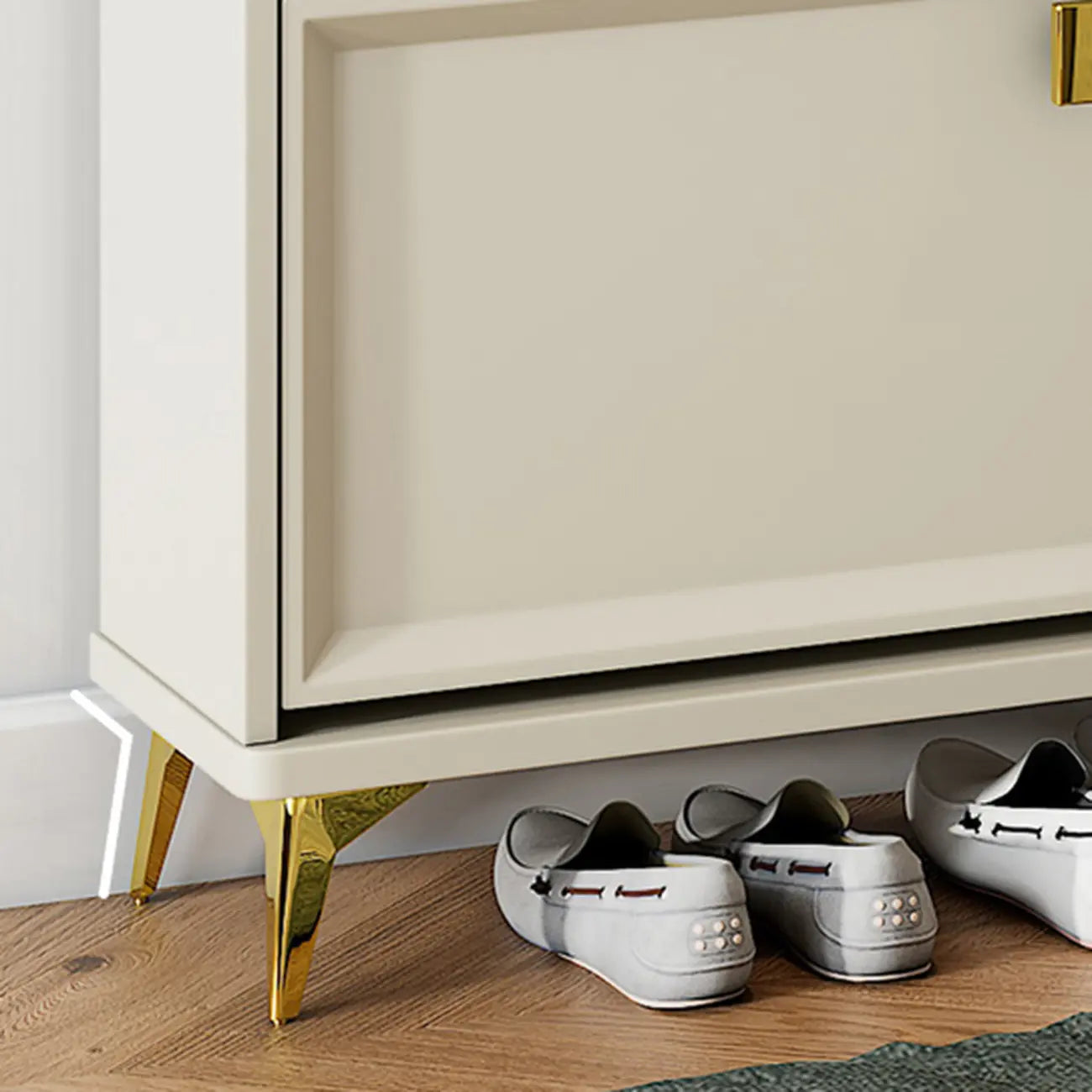 Meuble à chaussures étroit et moderne en bois blanc avec façade rabattable et réglable