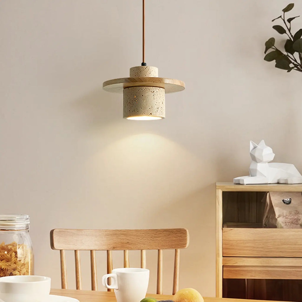 Suspension cylindrique moderne en bois et pierre beige, disque lumineux