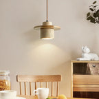 Suspension cylindrique moderne en bois et pierre beige, disque lumineux