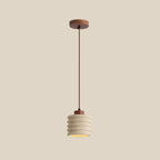 Suspension cylindrique moderne en bois et pierre beige, disque lumineux