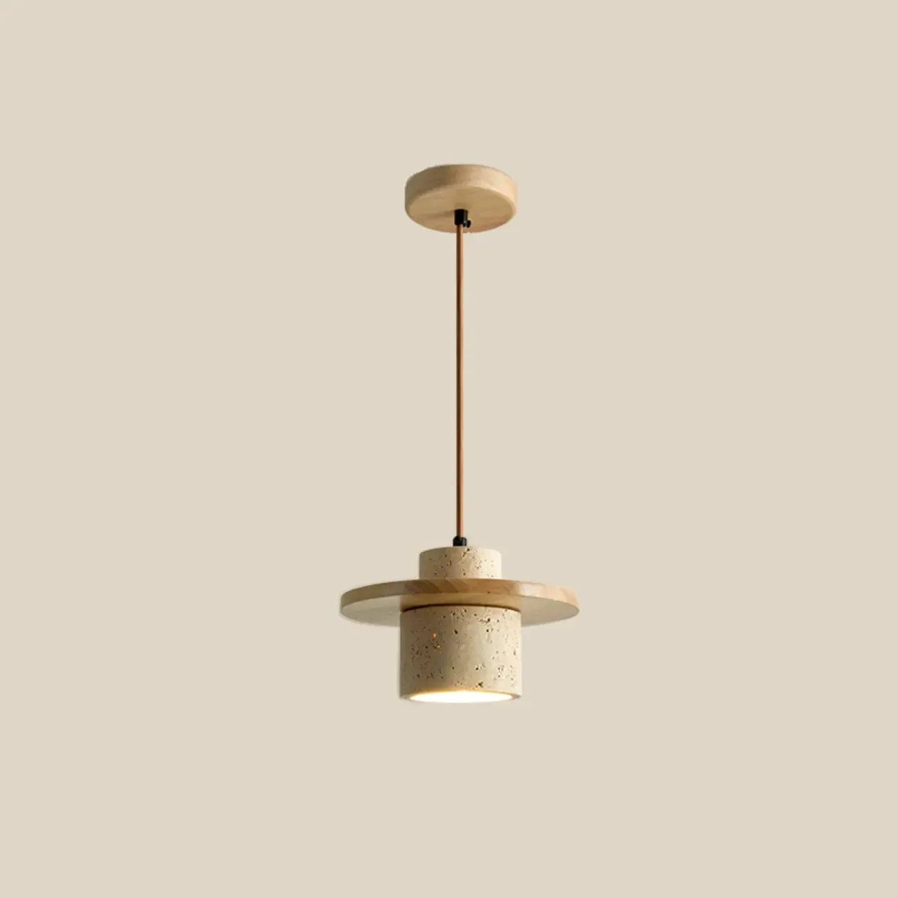 Suspension cylindrique moderne en bois et pierre beige, disque lumineux