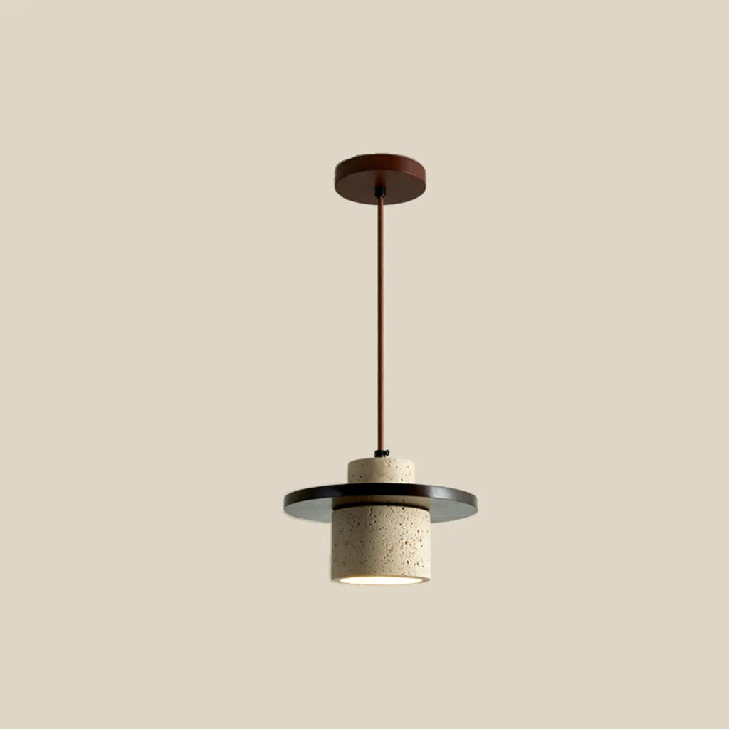 Suspension cylindrique moderne en bois et pierre beige, disque lumineux
