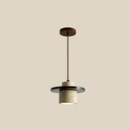 Suspension cylindrique moderne en bois et pierre beige, disque lumineux