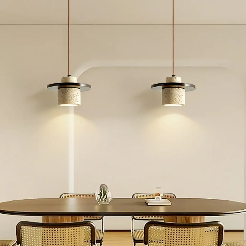Suspension cylindrique moderne en bois et pierre beige, disque lumineux