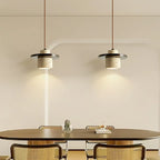 Suspension cylindrique moderne en bois et pierre beige, disque lumineux