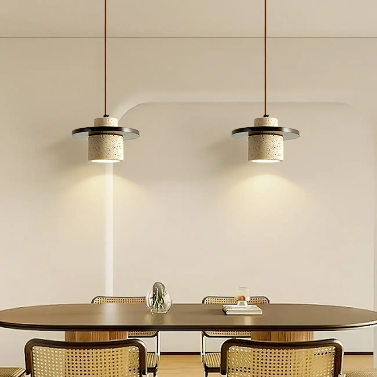Suspension cylindrique moderne en bois et pierre beige, disque lumineux