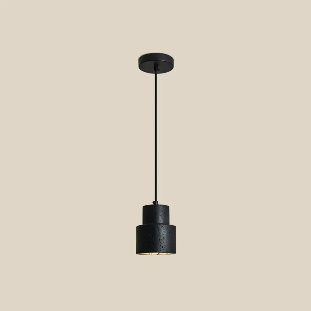 Suspension cylindrique moderne en bois et pierre beige, disque lumineux