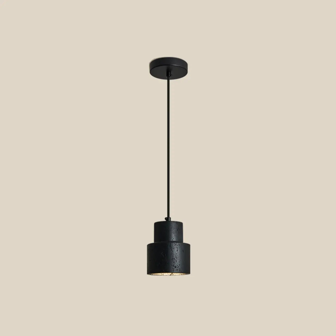 Suspension cylindrique moderne en bois et pierre beige, disque lumineux