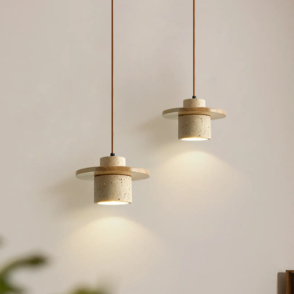 Suspension cylindrique moderne en bois et pierre beige, disque lumineux