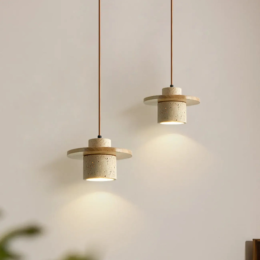 Suspension cylindrique moderne en bois et pierre beige, disque lumineux