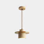 Suspension cylindrique moderne en bois et pierre beige, disque lumineux