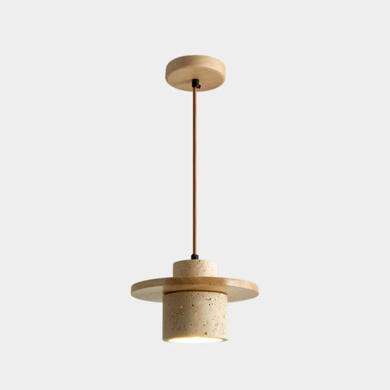 Suspension cylindrique moderne en bois et pierre beige, disque lumineux