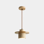 Suspension cylindrique moderne en bois et pierre beige, disque lumineux