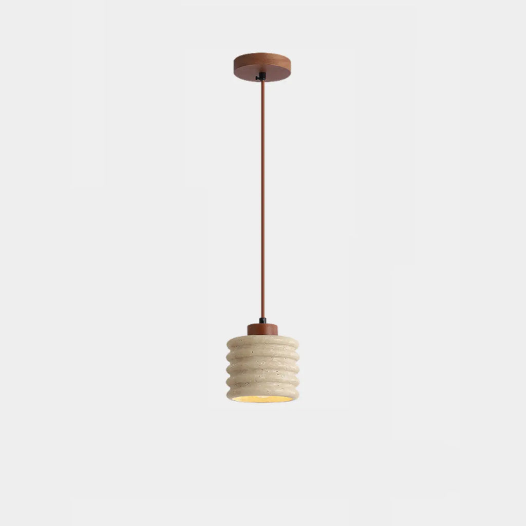 Suspension cylindrique moderne en bois et pierre beige, disque lumineux