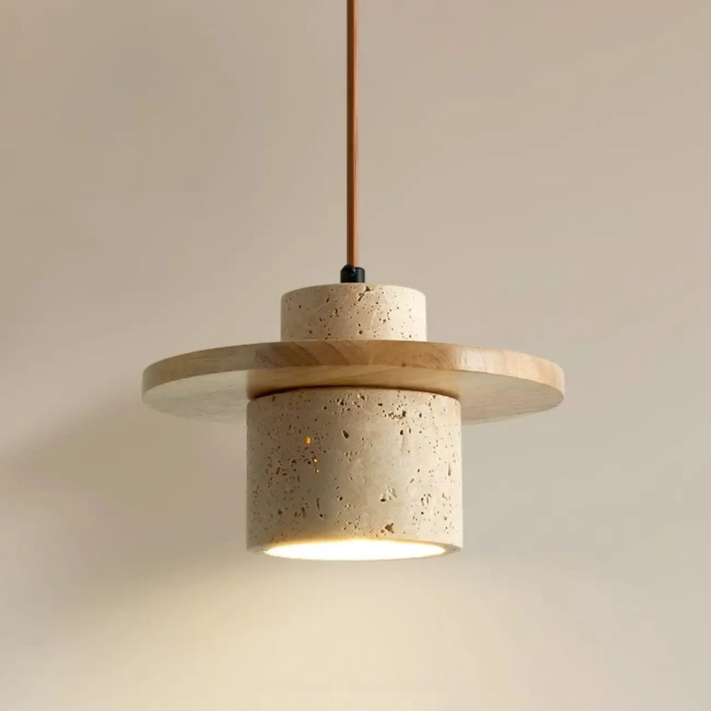Suspension cylindrique moderne en bois et pierre beige, disque lumineux