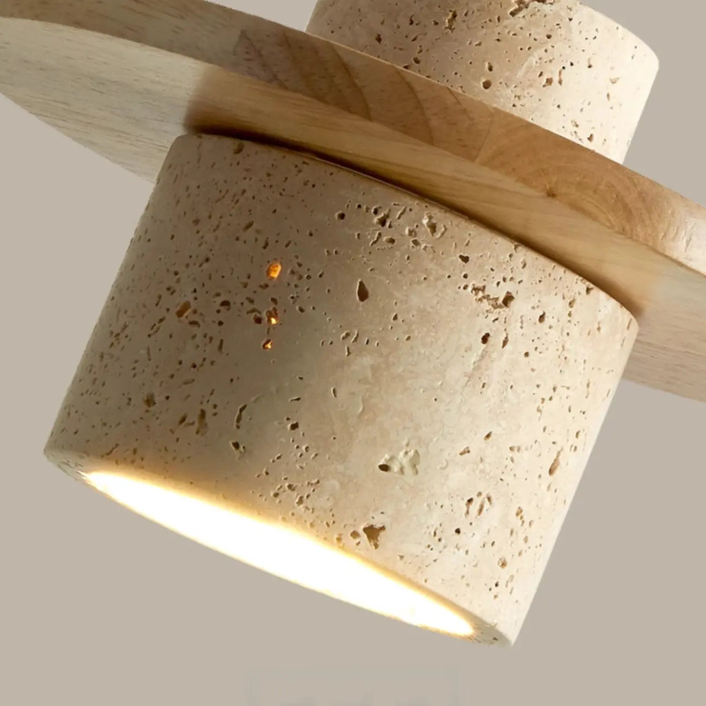 Suspension cylindrique moderne en bois et pierre beige, disque lumineux